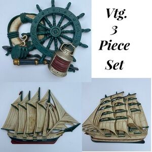 Vtg 1995 Burwood Products Made in USA 3 piece nautical set ships & helm EUC